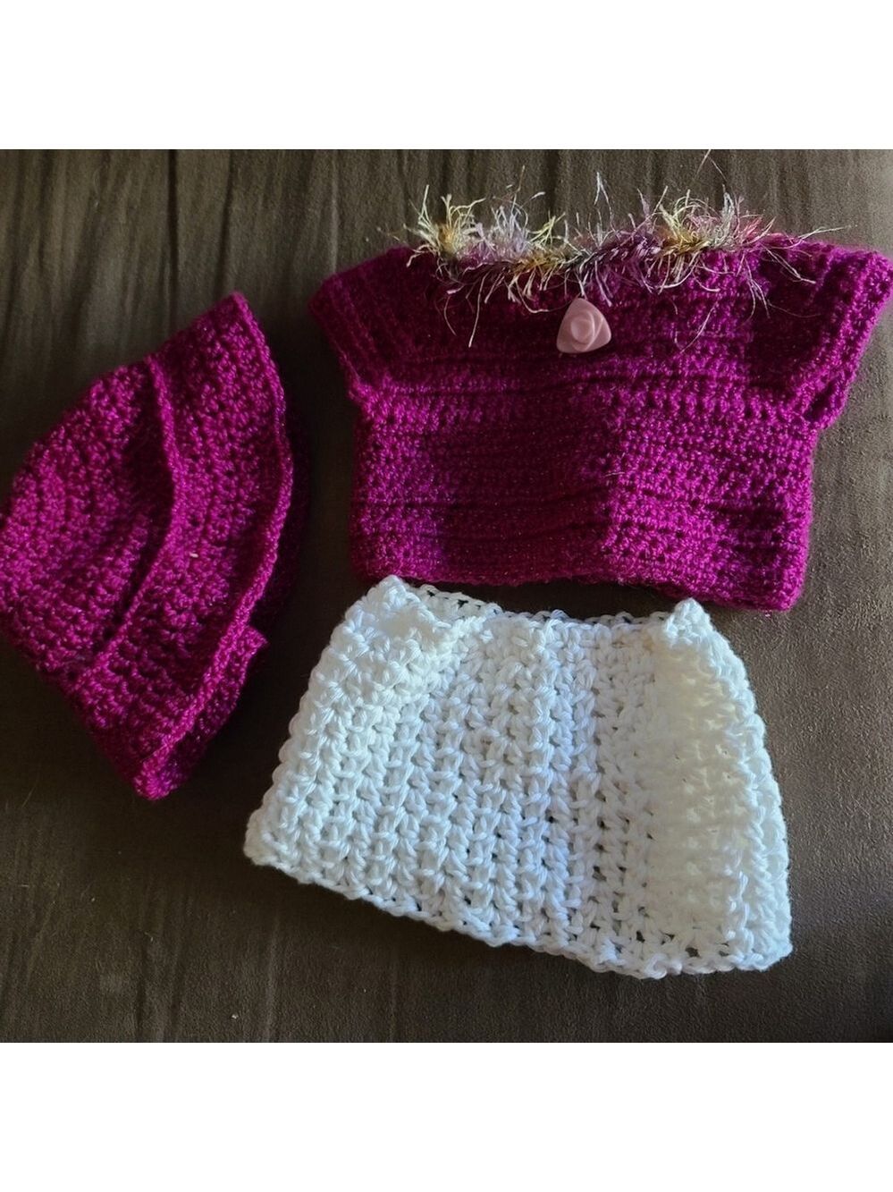 Handmade Crochet 18-Inch Doll Outfit - 3 Piece Magenta & White Set
